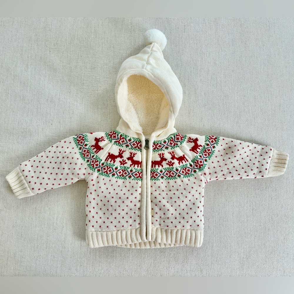 Hanna Andersson Cream and Red Gnome Holiday Sweater Jacket  Sz 6-12m